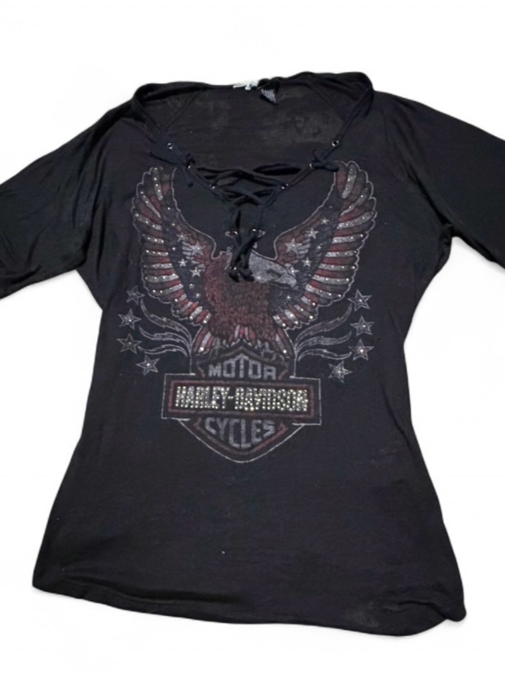 Y2K Harley Davidson Grunge Rhinestone Eagle Mcbling Lace Up Top